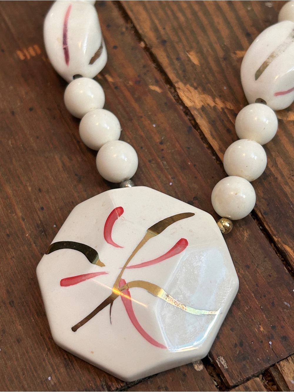 Vtg White Hand-Painted Japanese Beaded 31” Necklace